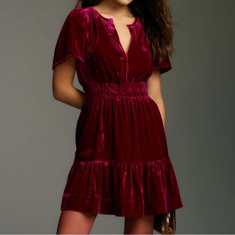 Anthropologie Somerset: Velvet Edition Plus Mini Dress in Magenta